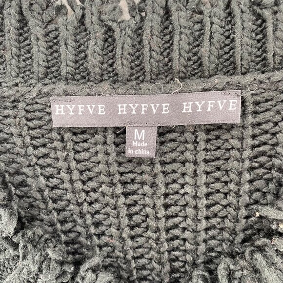 HYFVE Sweater Womens Medium Black Chunky Knit Frayed Hem V Neck Pullover Boho - Picture 5 of 10